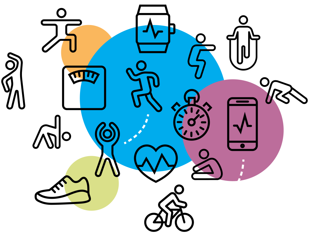 GetActive decorative graphic showing exercise equipment and sports poses 